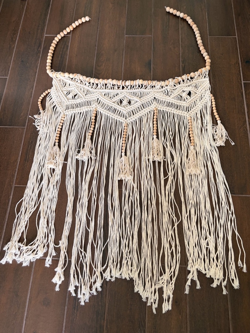 XL Boho Macrame Wall Hanging w Wooden Beads Fringe Natural Fiber Decor Handmade - Picture 4 of 5